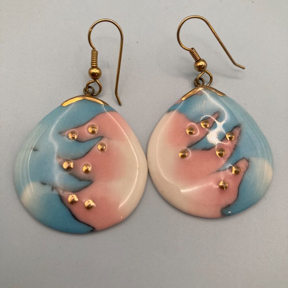 Vintage 1990s Aesthetic Glazed Ceramic Pierced Earrings Wire Teardrop Shape Boho